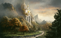 Size: 1280x800 | Tagged: safe, artist:moe, canterlot, castle, cliff, cloud, detailed background, fog, forest, grass, mountain, mountain range, nature, no pony, outdoors, path, river, scenery, scenery porn, signature, source needed, sunset, technical advanced, town, tree, useless source url, water, waterfall, widescreen, wood