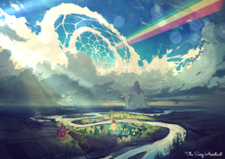 Size: 900x636 | Tagged: safe, artist:rhads, artist:the sexy assistant, canterlot, cloud, cloudsdale, cloudy, edit, lens flare, no pony, ponyville, rainbow, river, scenery, sweet apple acres