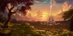 Size: 5300x2656 | Tagged: safe, artist:devinian, aurora crystialis, bridge, cloud, crepuscular rays, crystal empire, crystal palace, edit, flower, forest, grass, log, mountain, no pony, river, road, scenery, scenery porn, source needed, stars, sunset, swing, tree, wallpaper